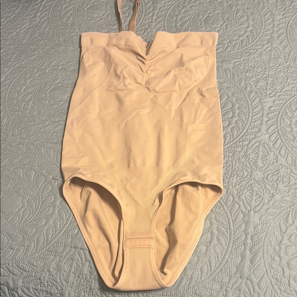 Beige One-Piece Shapewear. Removable strap for one shoulder or strapless look